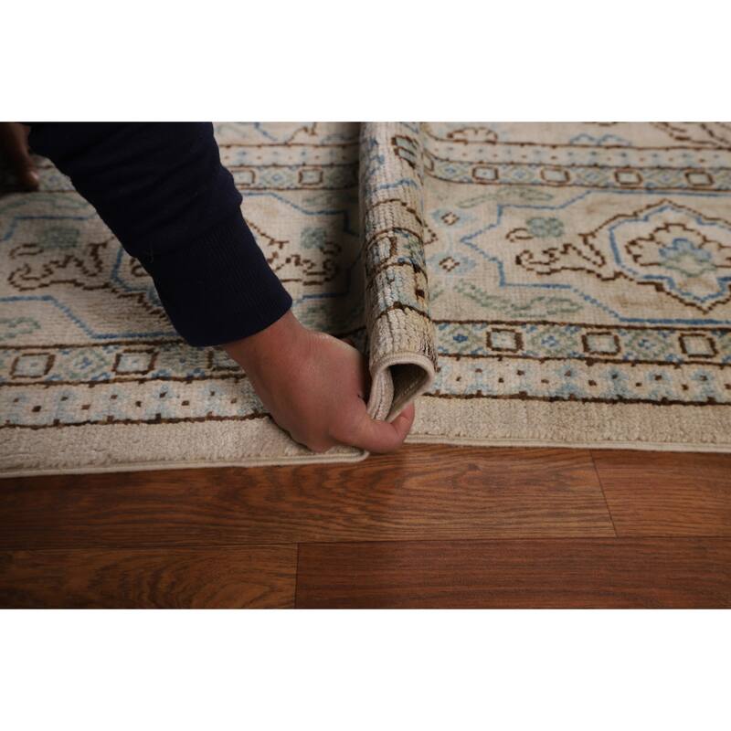 Vegetable Dye Oushak Turkish Rug Handmade Beige Floral Wool Carpet - 7'10"x 9'6"