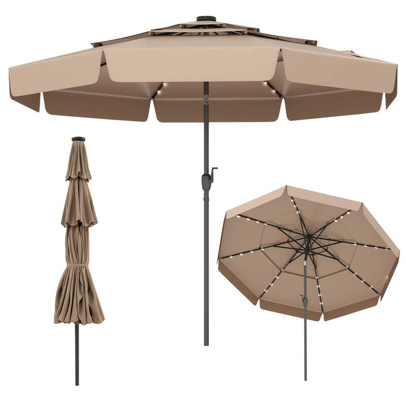 10FT Polyester Patio Umbrella with Solar Lights and Tilt Crank 3-Tier Vented Shade for Backyard