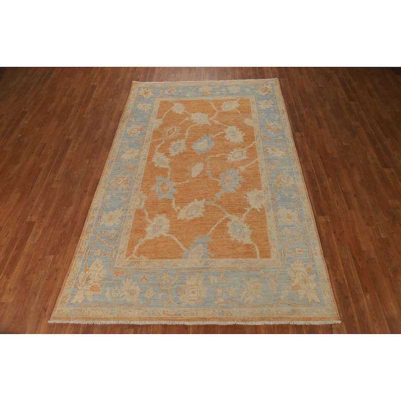 Orange Vegetable Dye Floral Oushak Turkish Rug Handmade Wool Carpet - 5'8"x 9'0"