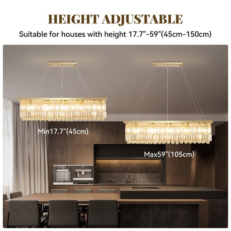 6 lights Rectangle Crystal Chandeliers for Dining Room, 39" Large Linear Water Ripple Glass Island Light Fixture