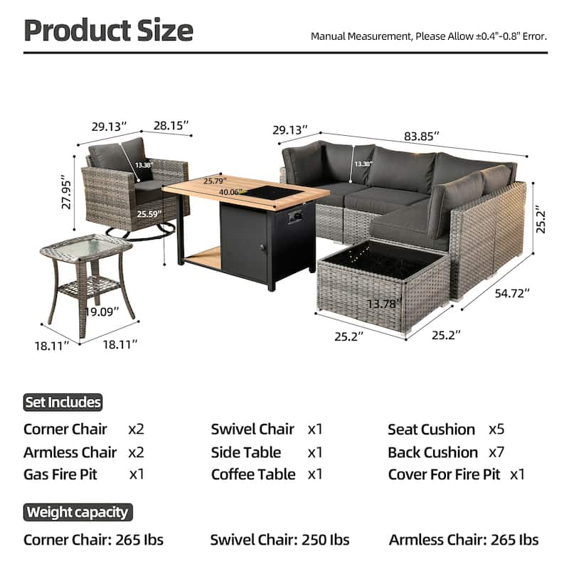 XIZZI 8-piece Outdoor Patio Furniture Sectional Set with Fire Pit Table