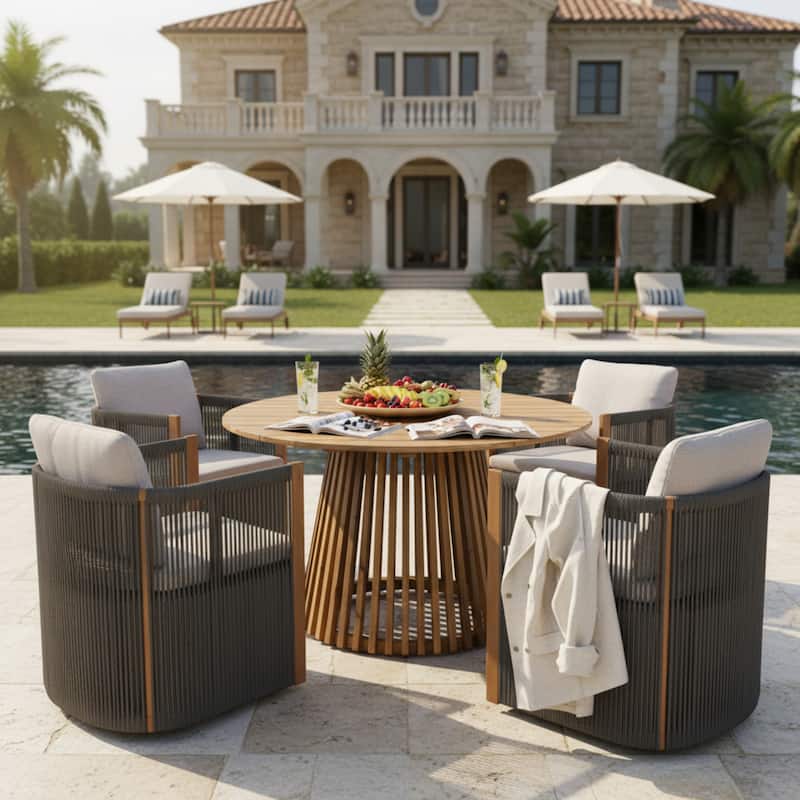 Christopher Knight Home - Roslyn 5-Piece Outdoor Acacia Wood Swivel Dining Set with Rope Woven Wicker Chairs & Round Slat Table