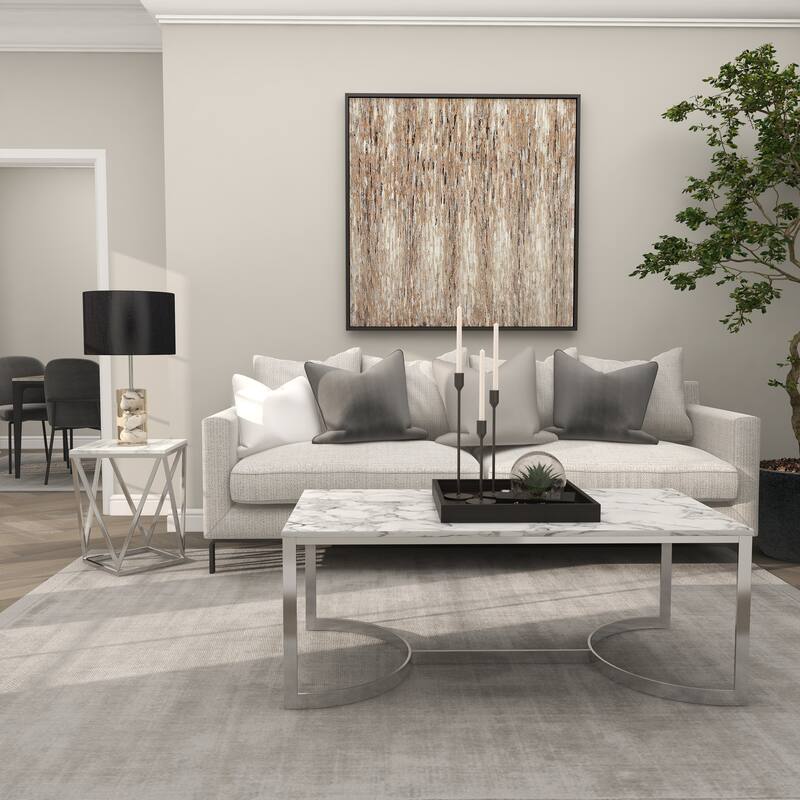 Silver Stainless Steel Accent Table with Marble Top - 18 x 18 x 21