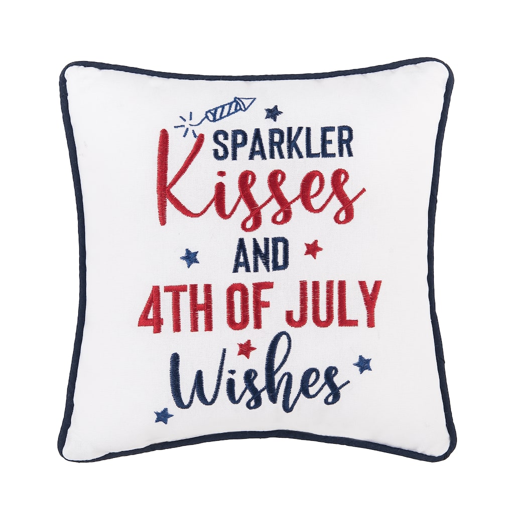 10" x 10" Patriotic "Sparkler Kisses & 4th of July Kisses" Embroidered Small/Petite Square Accent Pillow