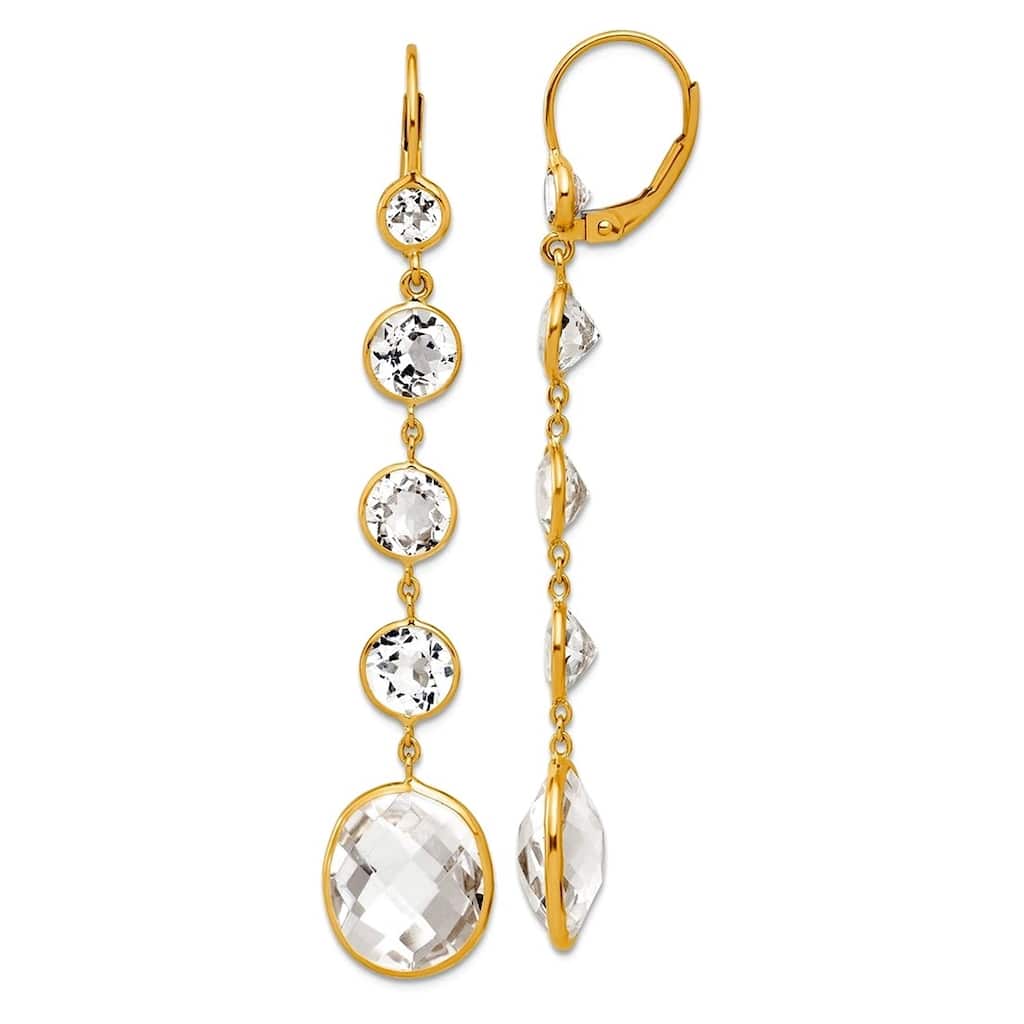 Curata 14k Yellow Gold Italian Crystal and Cushion White Topaz Linear Leverback Earrings -62x11mm