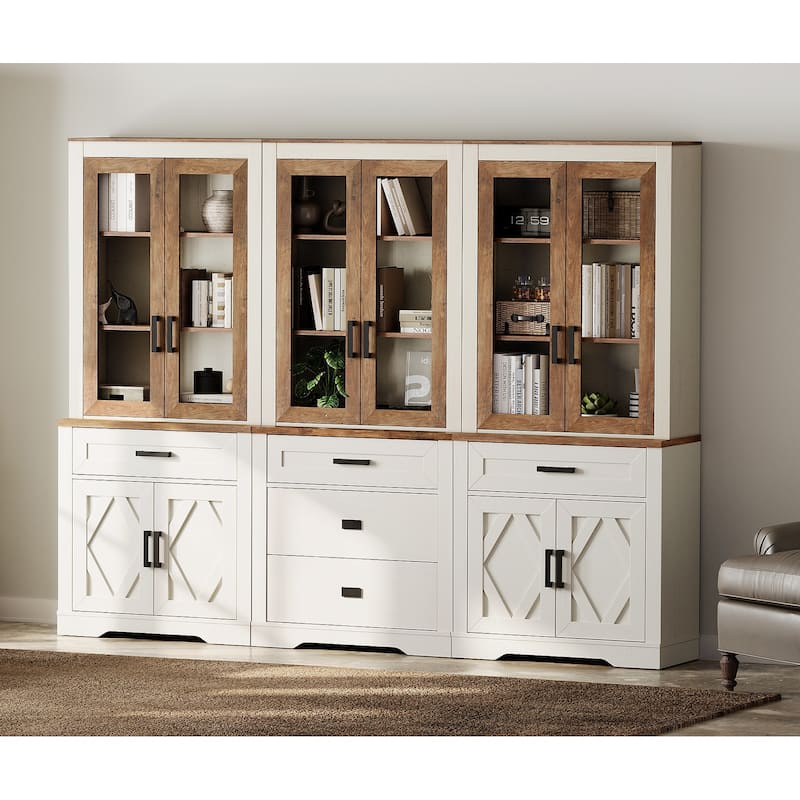 3-Column 73.3" Tall Bookshelf Set with Open Storage and Glass Doors
