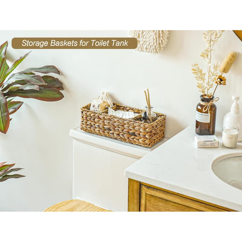 Wicker Toilet Basket Tank Topper, Toilet Paper Basket for Back, 3Section Water Hyacinth Storage