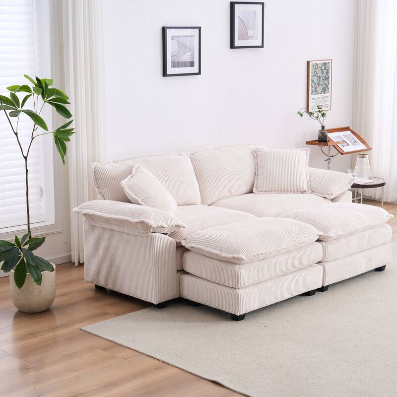 2-Seat Corduroy Sofa with Back Pillows and Ottomans, White, Comfortable Living Room Couch