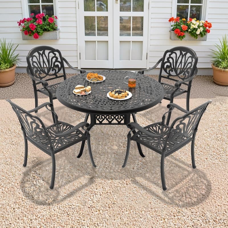 5/7-Piece Cast Aluminum Outdoor Dining Set with 48.03 in. Round Table and Cushions