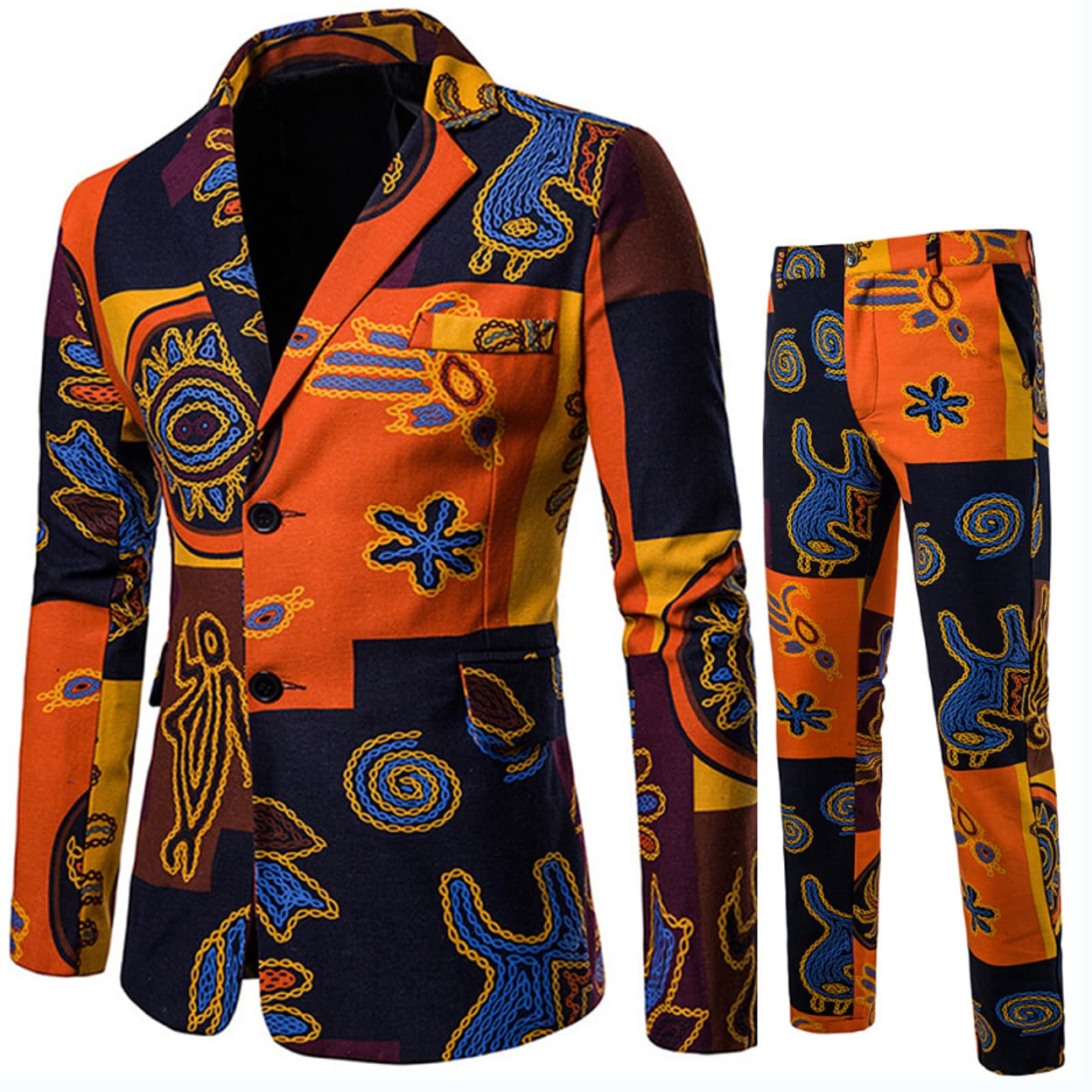 Men's 2 Piece Suits 2 Buttons Slim Fit Printed Notched Lapel Floral Blazer Vest Pants Sets