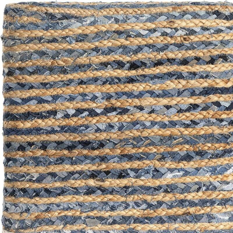 HomeRoots 18" Beige and Blue Cotton And Jute Striped Pouf Ottoman