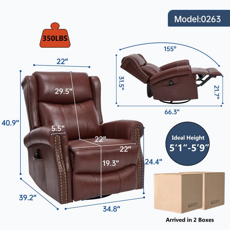 Manual Recliner Chair with Heat & Massage, Genuine Leather Swivel Recliner Chair, Lounge Sofa Chair with Side Pockets