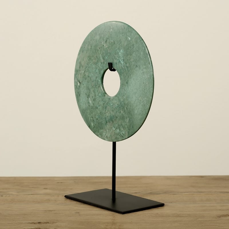 Artissance 12"H Green Marble Jade Disk Statue With Base