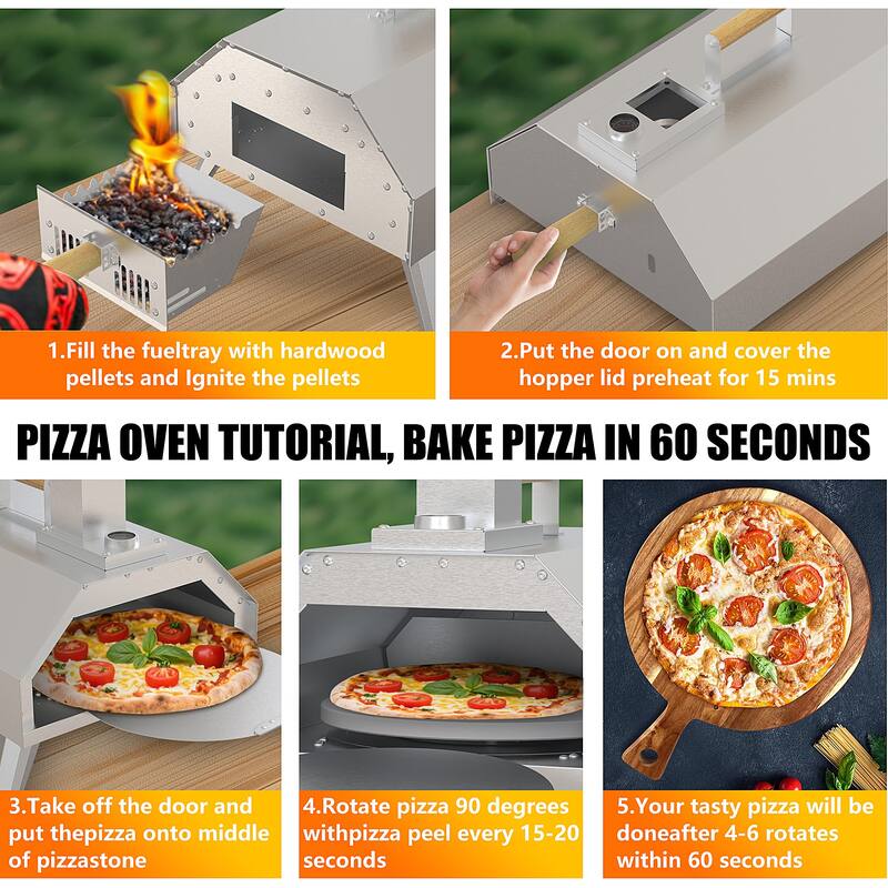 Outdoor Rotatable Portable Wood Fired Pellet Pizza Ovens w/Foldable Legs and Carryhandle - N/A