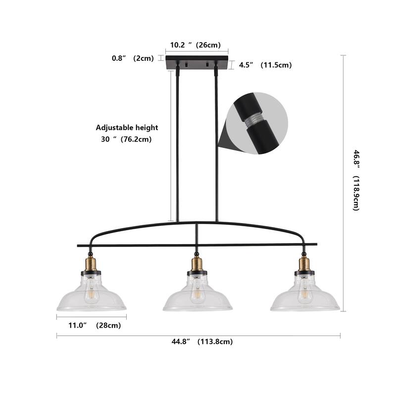 Industrial 3-Light Pendant Chandelier with Clear Glass Shades, Black Metal Frame, Adjustable Height