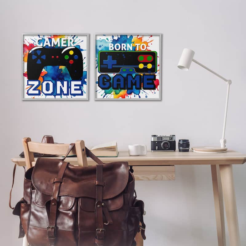Stupell Gamer Zone on Splash Framed Giclee Art Design By Kim Allen (Set of 2)