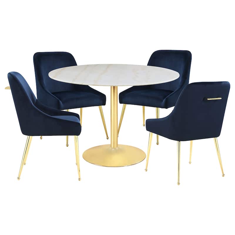 Kella 5-piece White and Gold Round Marble Top Dining Set