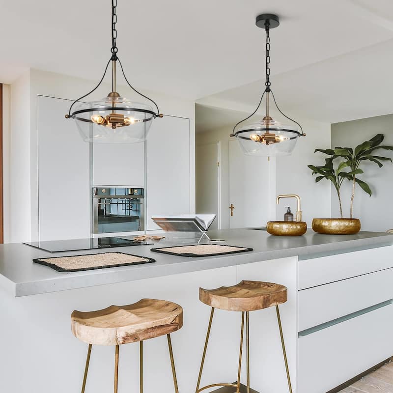 Zelena Modern Farmhouse Black Gold Chandelier 3-Light Glass Pendant Light for Kitchen Island Dining Room