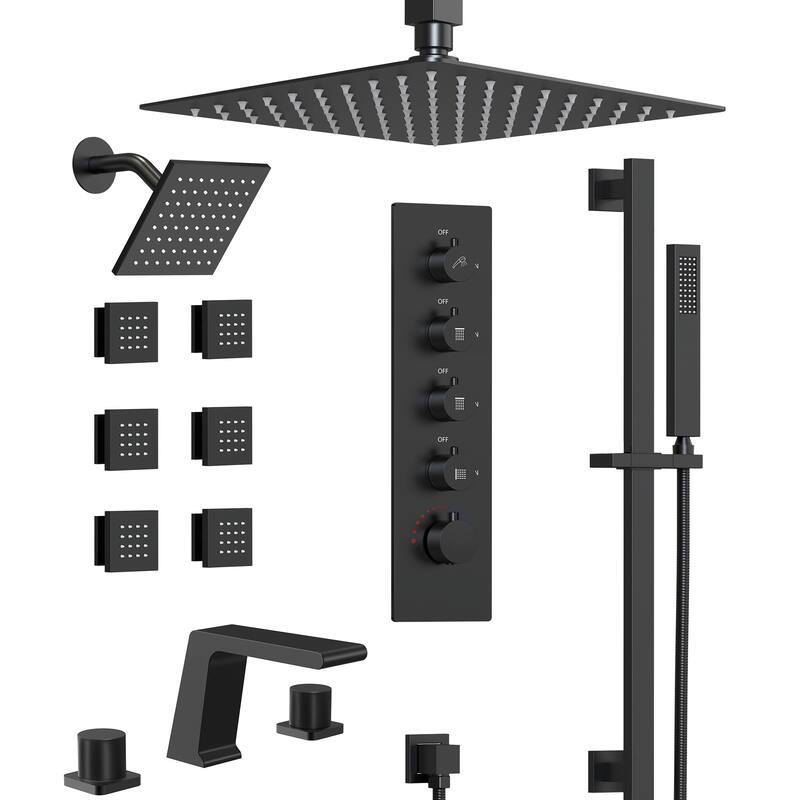 GRANDJOY Dual Shower Heads 16" Rainfall Shower System with 2-Handle Bathroom Sink Faucet Combo Set - Matte Black