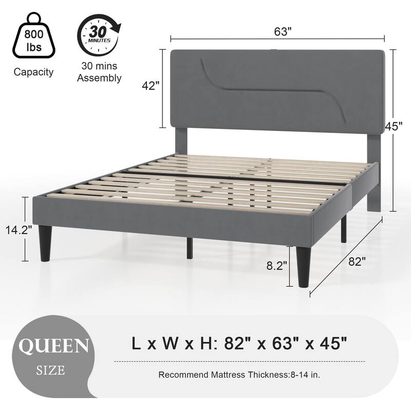 Javlergo Bed Frame with Smart LED Lights, Velvet Bed Frames with USB Charging Station, Modern Platform Bed