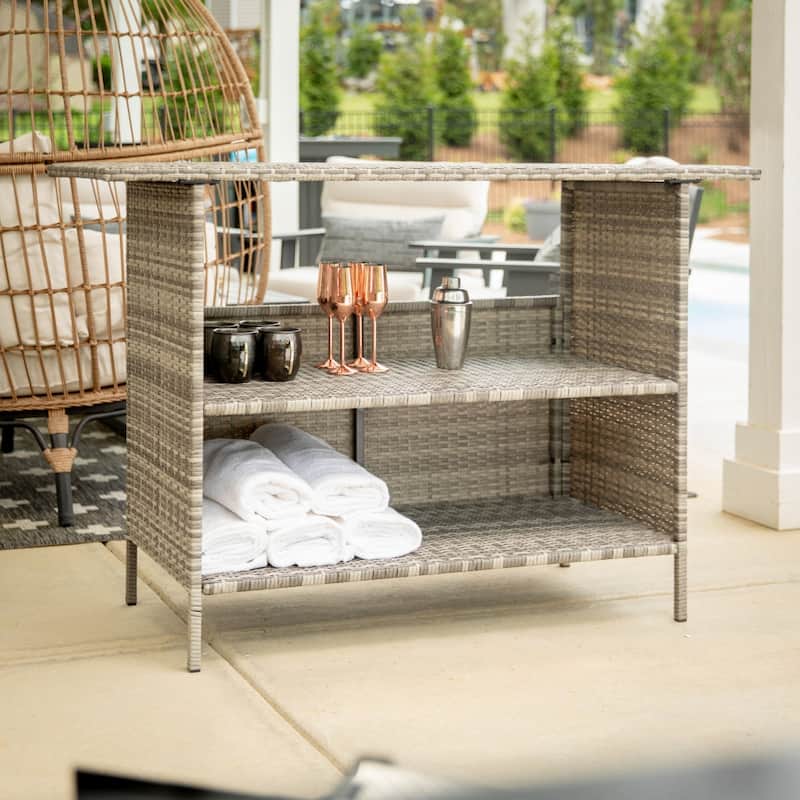 Indoor/Outdoor Wicker Rattan Patio Bar Counter Table with Two Shelves - Gray