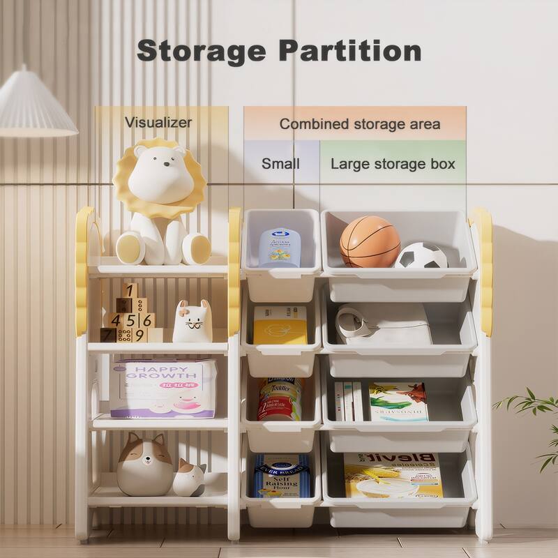 Kids Bookshelf and Toy Storage, 4-Tier Toy Organizers W/8 Removable Storage Bins, Kids Toy Storage Organizer