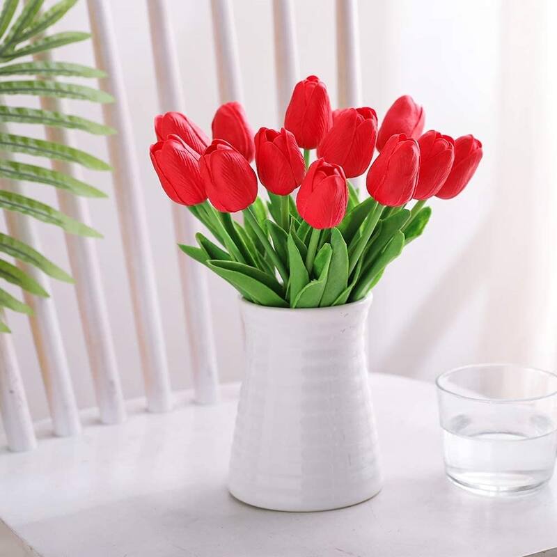 Enova Home 20 Pcs Artificial PU Real Touch Tulips Fake Silk Flowers Stems for Party Home Wedding Decoration