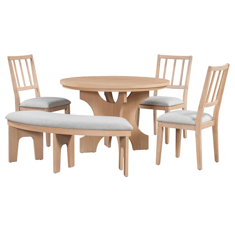 5-piece Rustic Charm Round Dining Set with 3 Upholstered Chairs and Curved Bench
