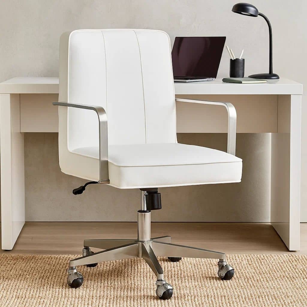 Rux 26 Inch Office Swivel Chair, White Faux Leather, Rolling Steel Base