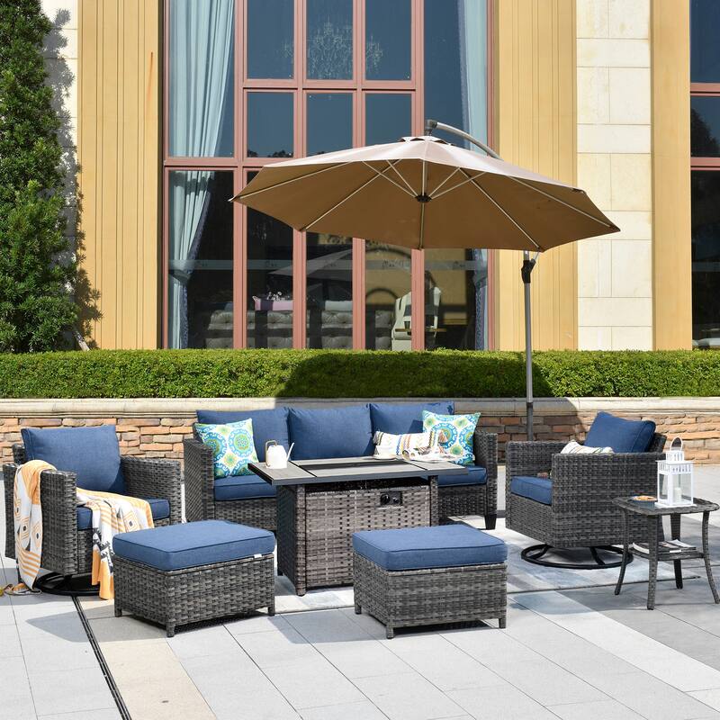 OVIOS 7-piece Wicker Sectional Sofa Swivel Rocking Chair Set With Fire Pit - Denim Blue
