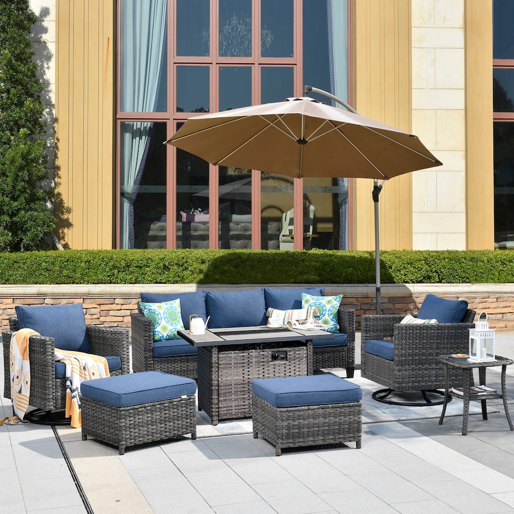 OVIOS 7-piece Wicker Sectional Sofa Swivel Rocking Chair Set With Fire Pit