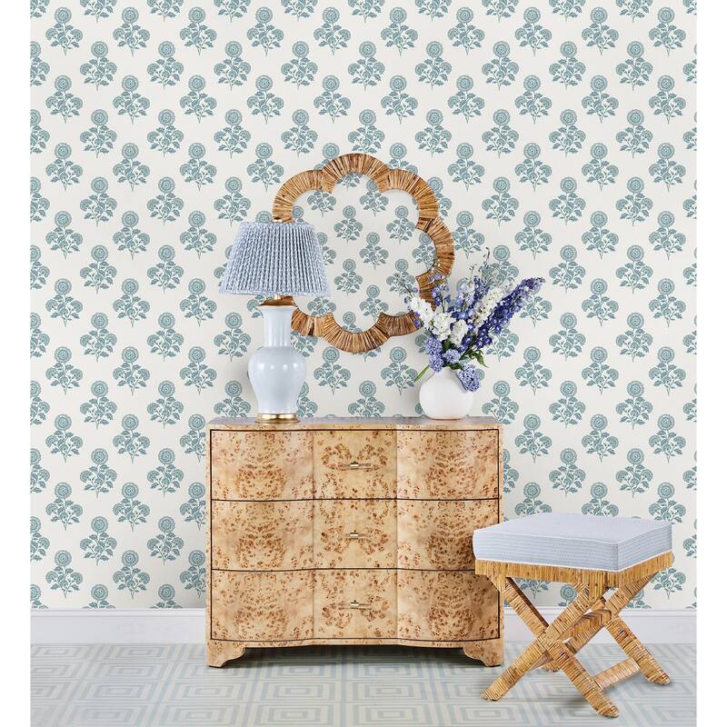 Society Social Flourish Block Print Blue on Blue Peel and Stick Wallpaper