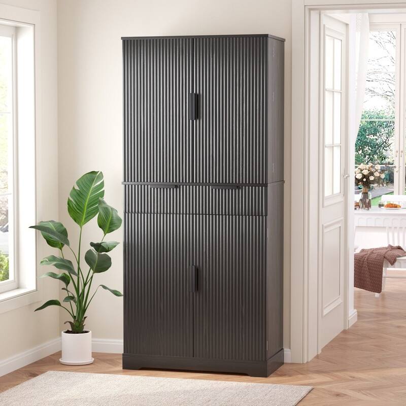 72" Fluted Kitchen Pantry Cabinet, Freestanding Cupboard Storage Cabinet with Drawers and Adjustable Shelves - Black