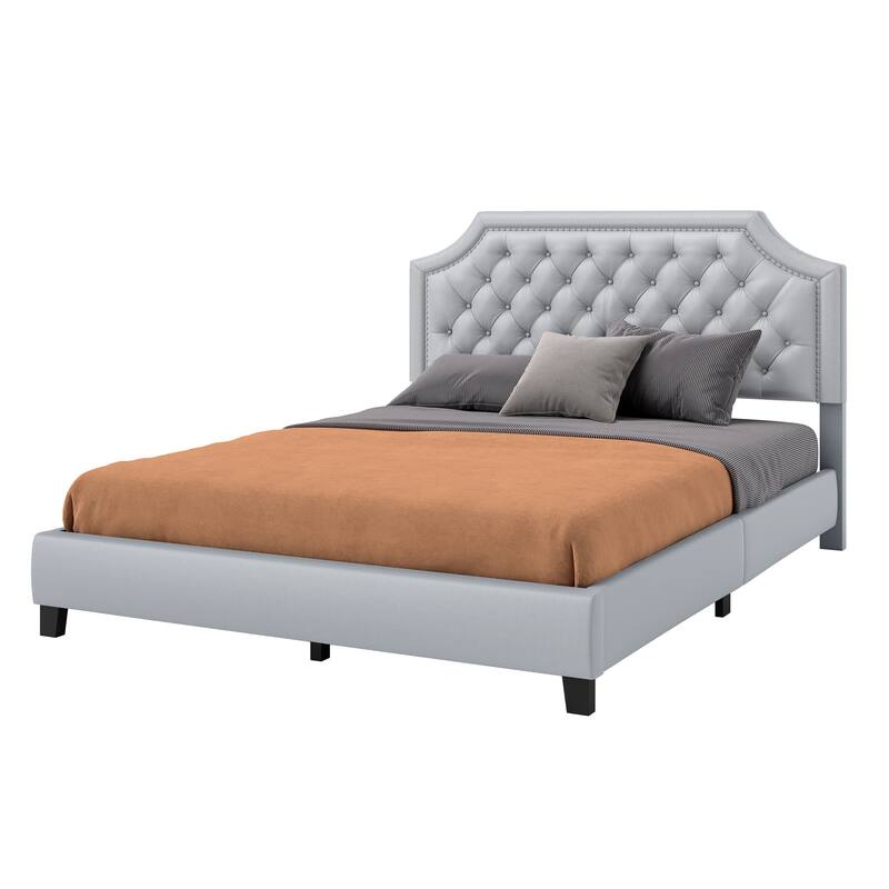 Moasis Linen Upholstered Platform Bed Velvet Bed Frame with Adjustable Headboard