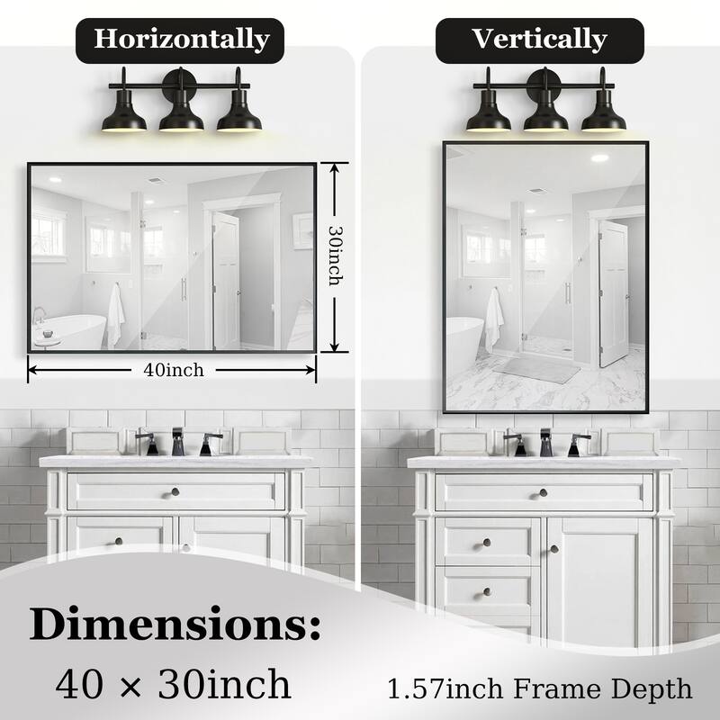 Glossy Black Modern Aluminum Framed Wall Mounted Bathroom Vanity Rectangular Mirror