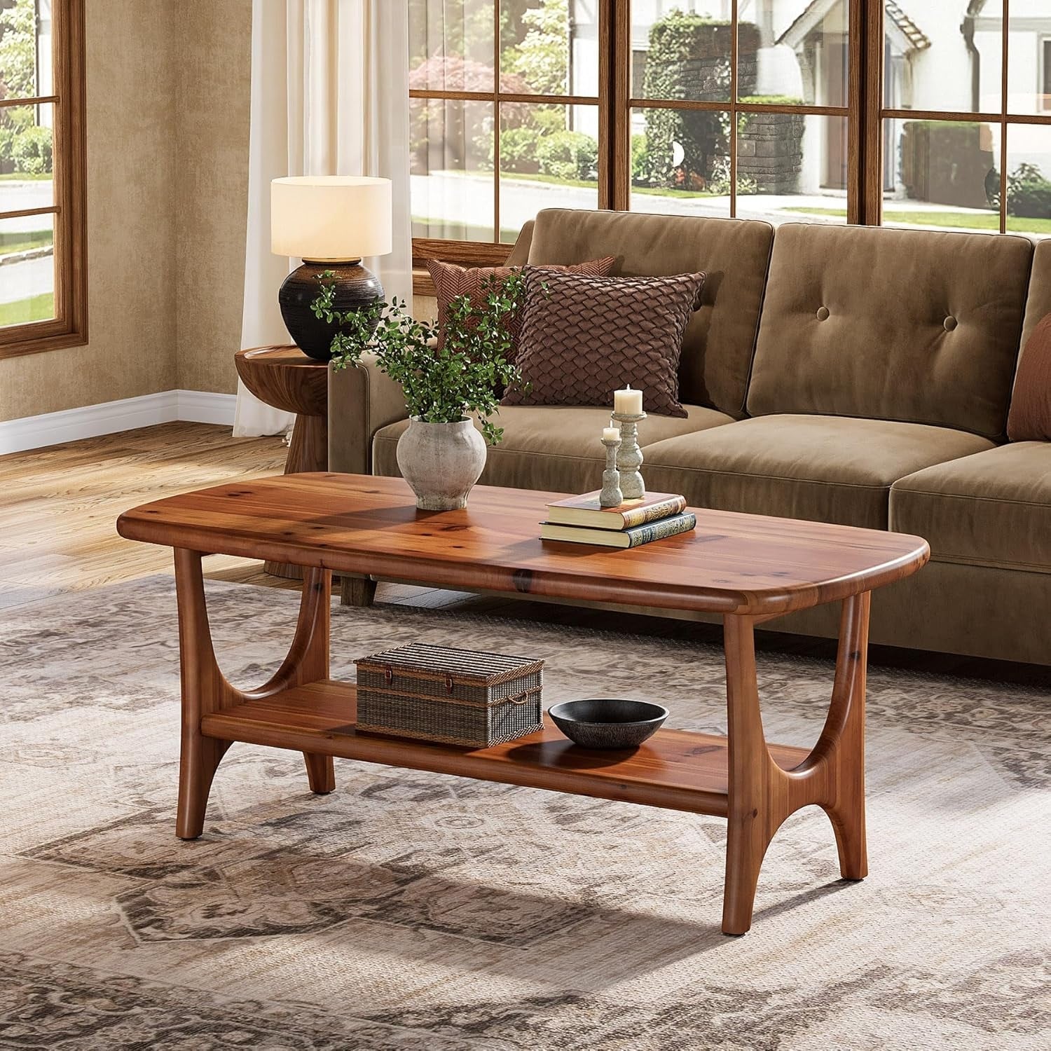 47" Solid Wood Coffee Table with Storage, 2-Tier Mid Century Modern Rectanglular Center Table - 47.24"L x 19.68"W x 19.68"H