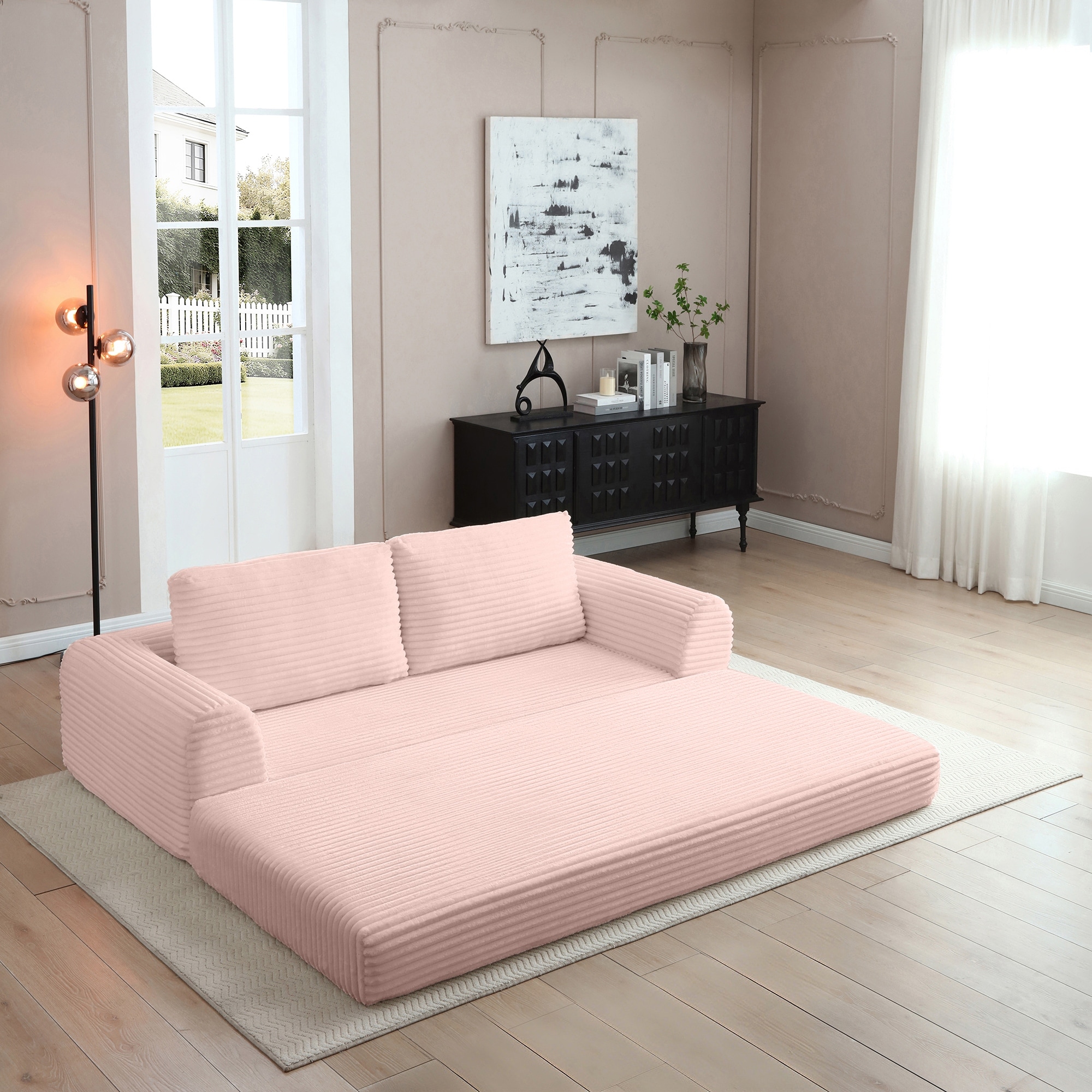 Minimalist Sofa Bed Pink Sleeper Sofa Couch with 2 Pillows, 3-Seater Sofa Couch with Armrests for Living Room