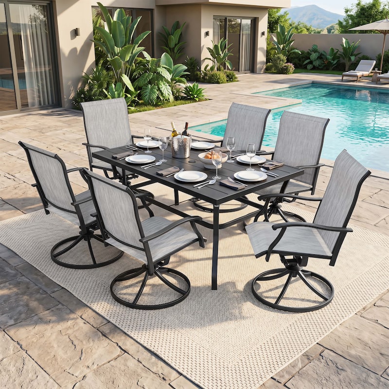 Nuu Garden 7-Piece Patio Iron Dining Set with Textilene Swivel Chairs
