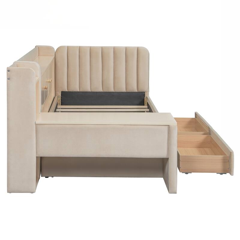 Twin Size Upholstered Daybed with Drawers, Shelves, Flip Cabinets & Side Table