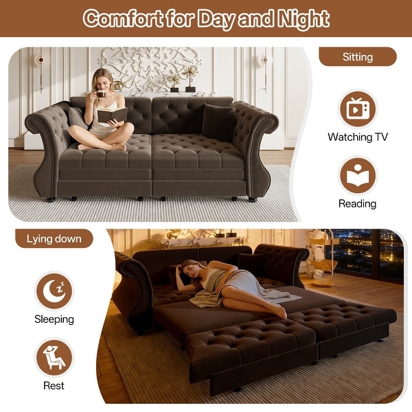 83.8 Inch Chesterfield Pull Out Sofa Bed, Velvet Roll Arm Couch