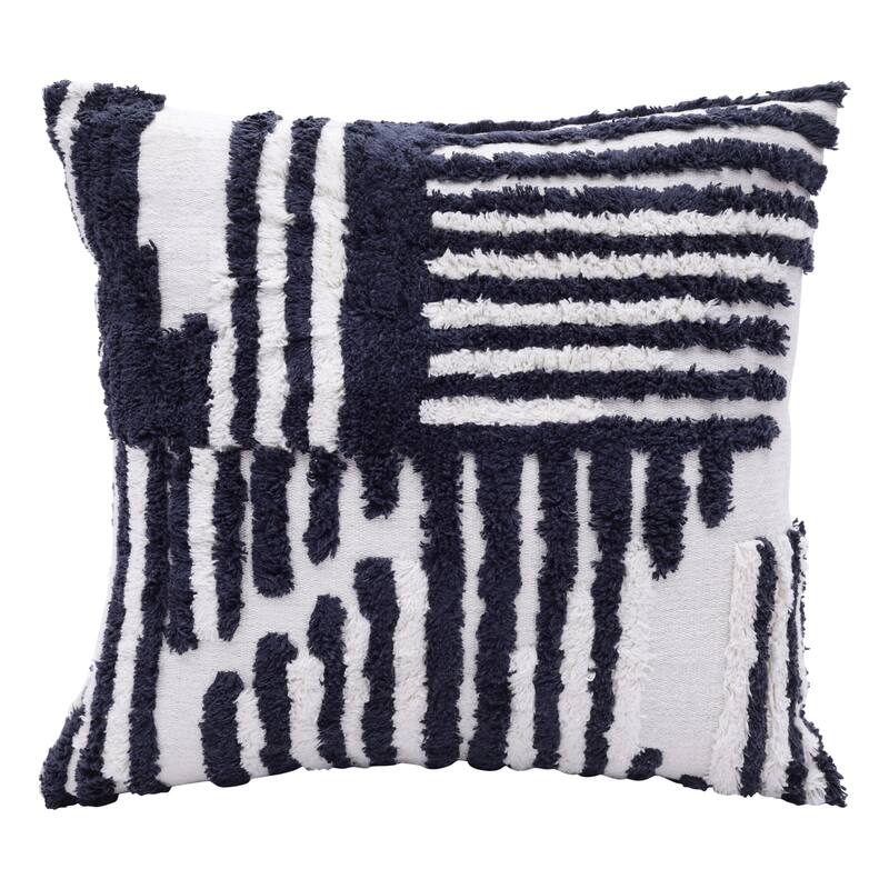 Handwoven Abstract Striped Shag Throw Pillow Cover - 22" - White and Navy Blue