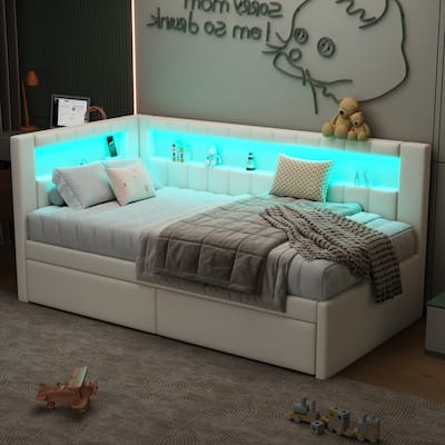Twin Upholstered Bed Frame with LED Headboard, USB Charging Ports, and 2 Storage Drawers