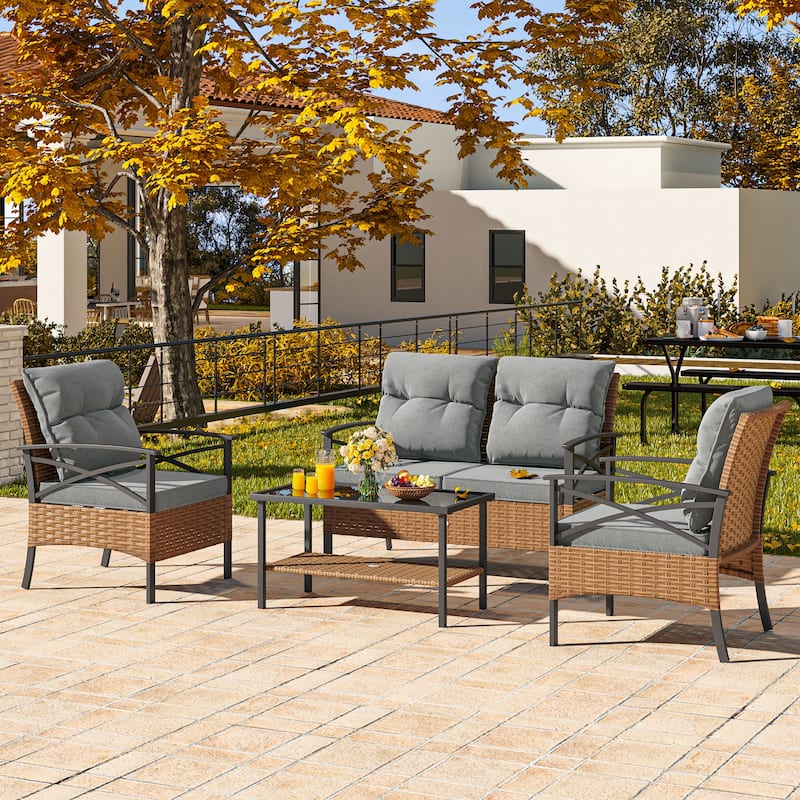Moasis 4-Piece Patio Furniture Wicker Outdoor Bistro Set All-Weather Rattan Conversation Loveseat Chairs - 4 Pcs