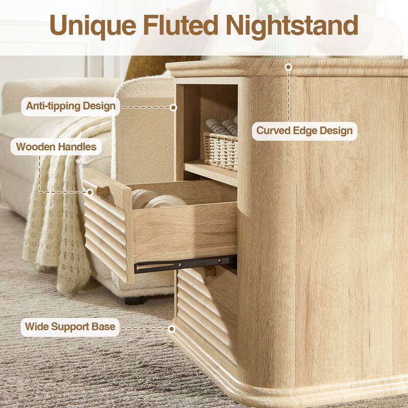 22" Fluted Night Stand with Charging Station, End Table with 2 Drawers & Open Storage, Side Tables Curved Profile Design