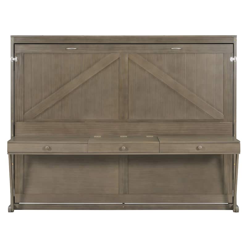 Foldable Wall Cabinet Bed Queen Size Hydraulic Lift Murphy Bed with Integrated Vanity Desk, Center Mirror and Side Drawers
