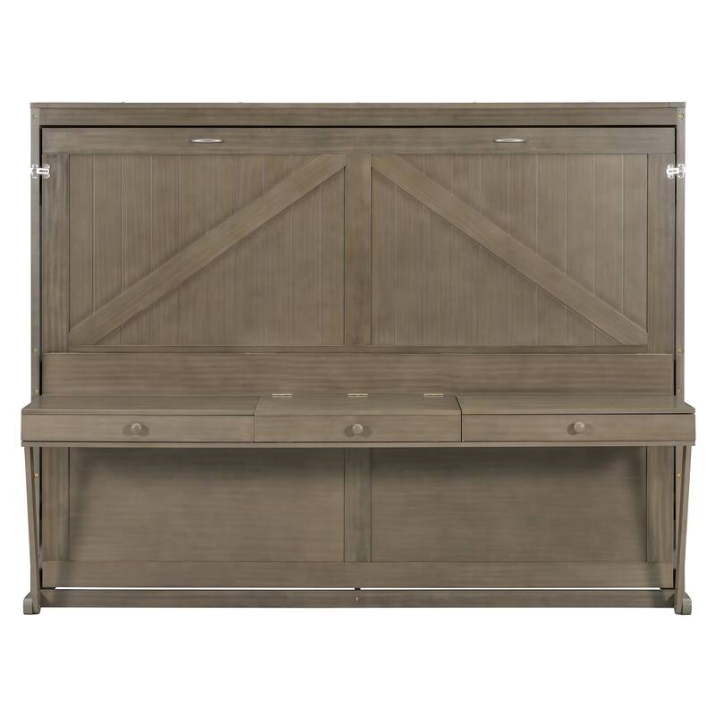 Queen Size Hydraulic Lift Murphy Bed with Vanity Desk and 2 Drawers, Solid Wood Wall Murphy Bed Cabinet, No Box Spring Needed