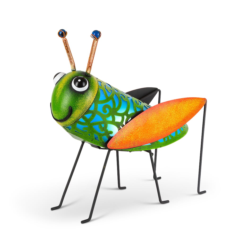 13.78 in. Solar Powered Green Metal Grasshopper