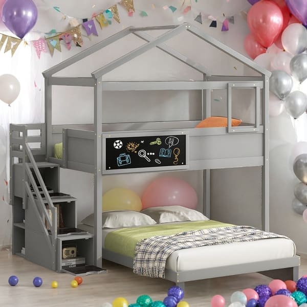 slide 2 of 38, Artsy House Roof Shape Design Twin over Full Wood Bunk Bed with Storage Staircase and Blackboard, Solid Construction Grey