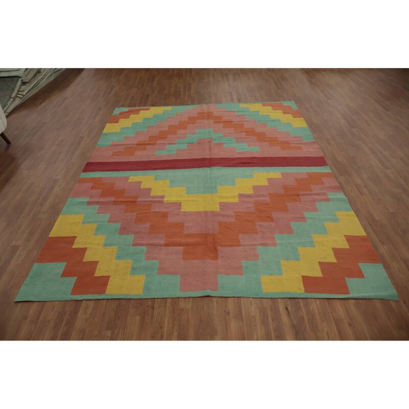 Hand Woven Oriental 100% Wool Carpet Southwestern Geometric Multi-Colored Kilim Area Rug - 11' 7'' X 8' 9''