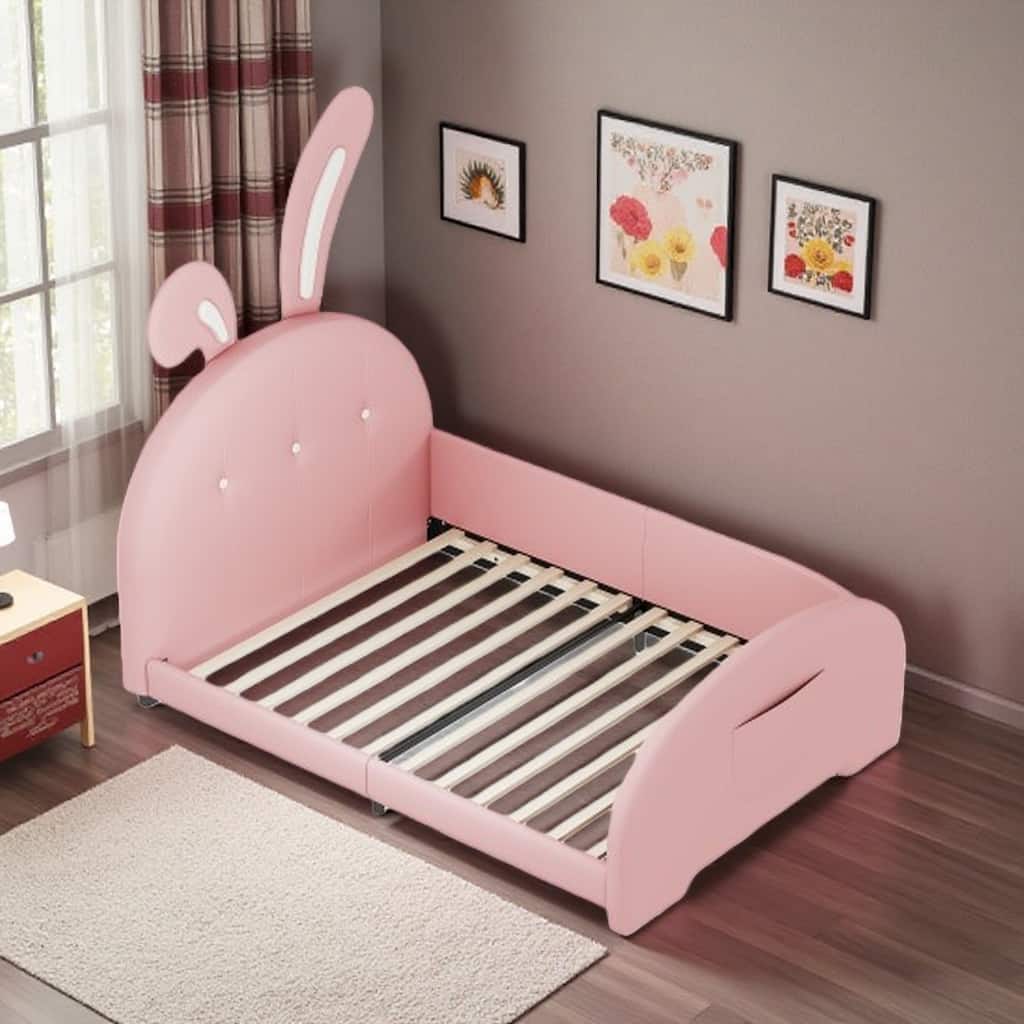 Cute Pink Rabbit-Themed Upholstered Bed with Headboard, Footboard & MDF Platform Frame